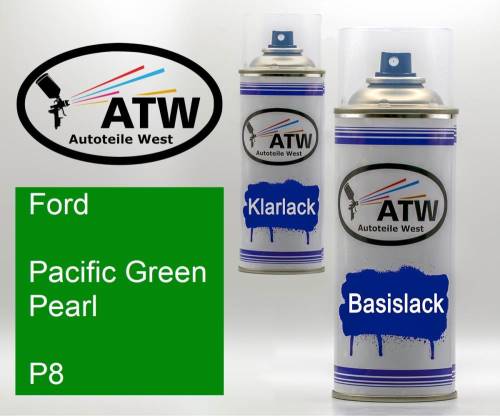 Ford, Pacific Green Pearl, P8: 400ml Sprühdose + 400ml Klarlack - Set, von ATW Autoteile West.